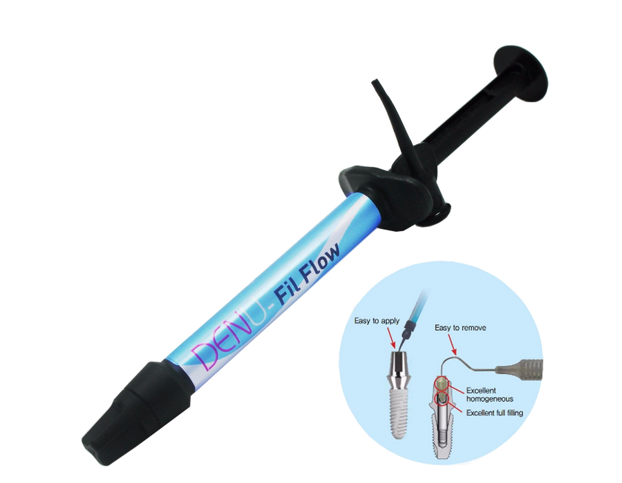 Image of DENU Fil Flow (1syr), implantátumfejek lezárásához id. foly. tömőanyag, 1,2 ml (2g) + 2 db kanül
